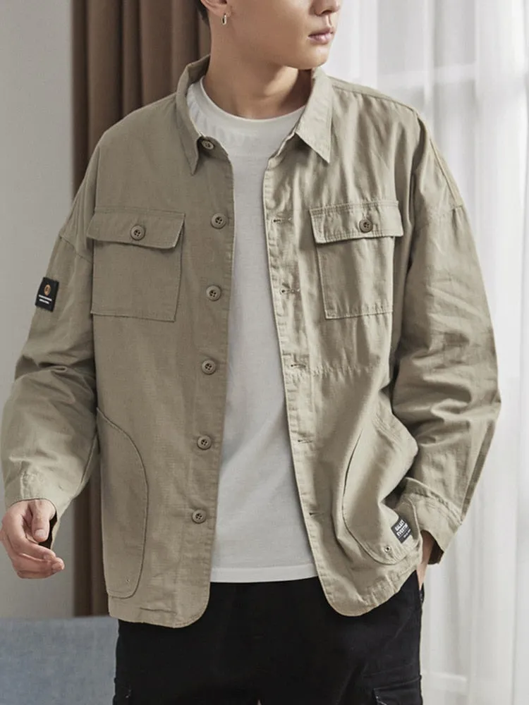 Riolio Black Long Sleeve Shirts Coat Men's Cardigan Cargo Vintage Clothing for Men Button Up Shirt Spring Japanese Streetwear