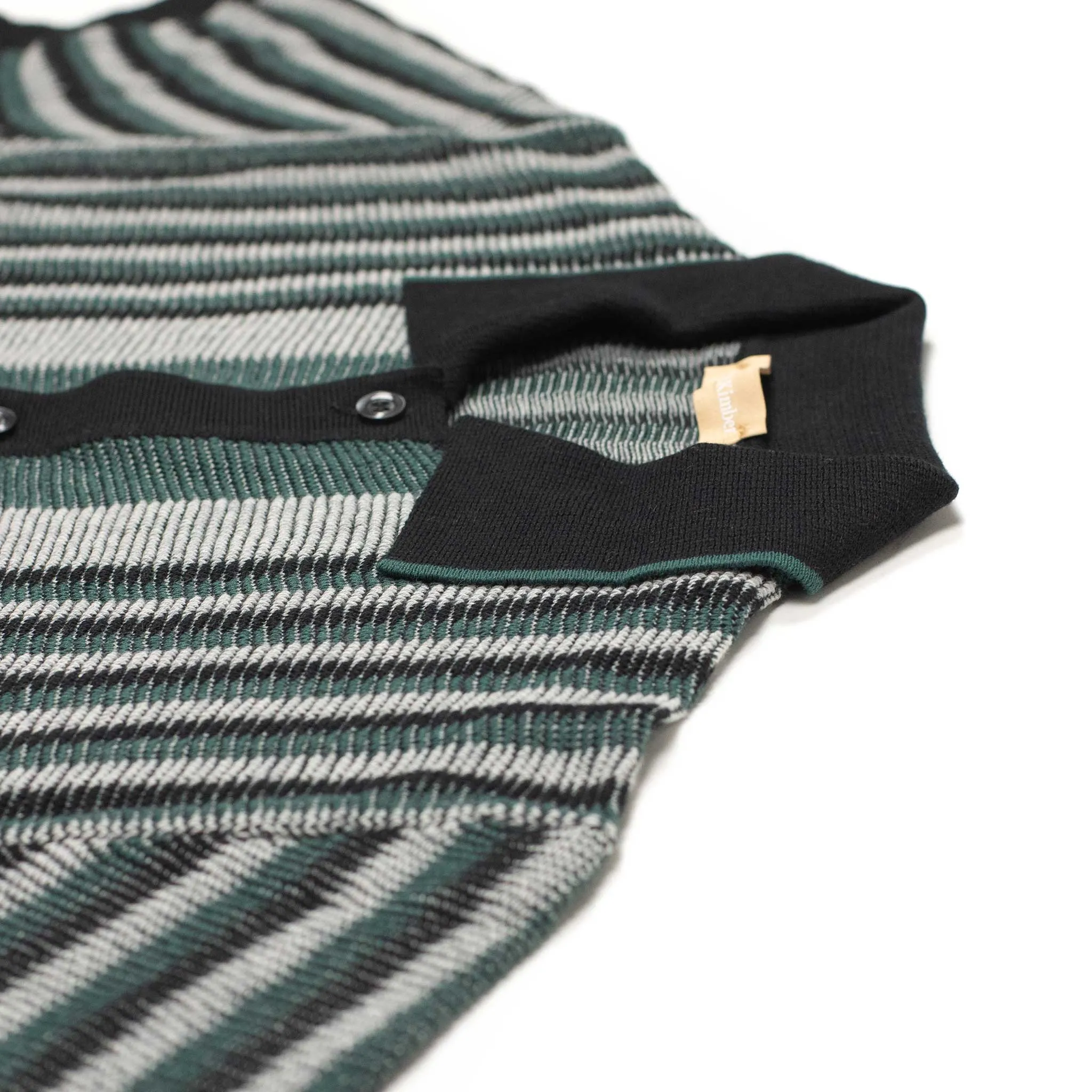 Ripley short sleeve knit shirt in petrol, black and grey striped cotton