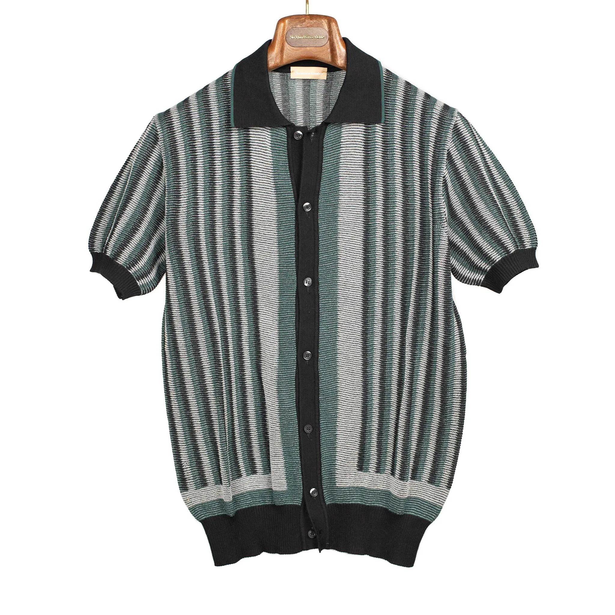 Ripley short sleeve knit shirt in petrol, black and grey striped cotton