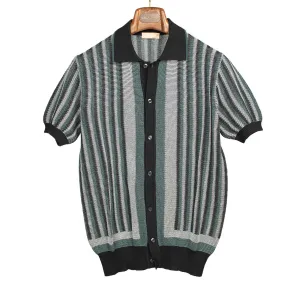 Ripley short sleeve knit shirt in petrol, black and grey striped cotton