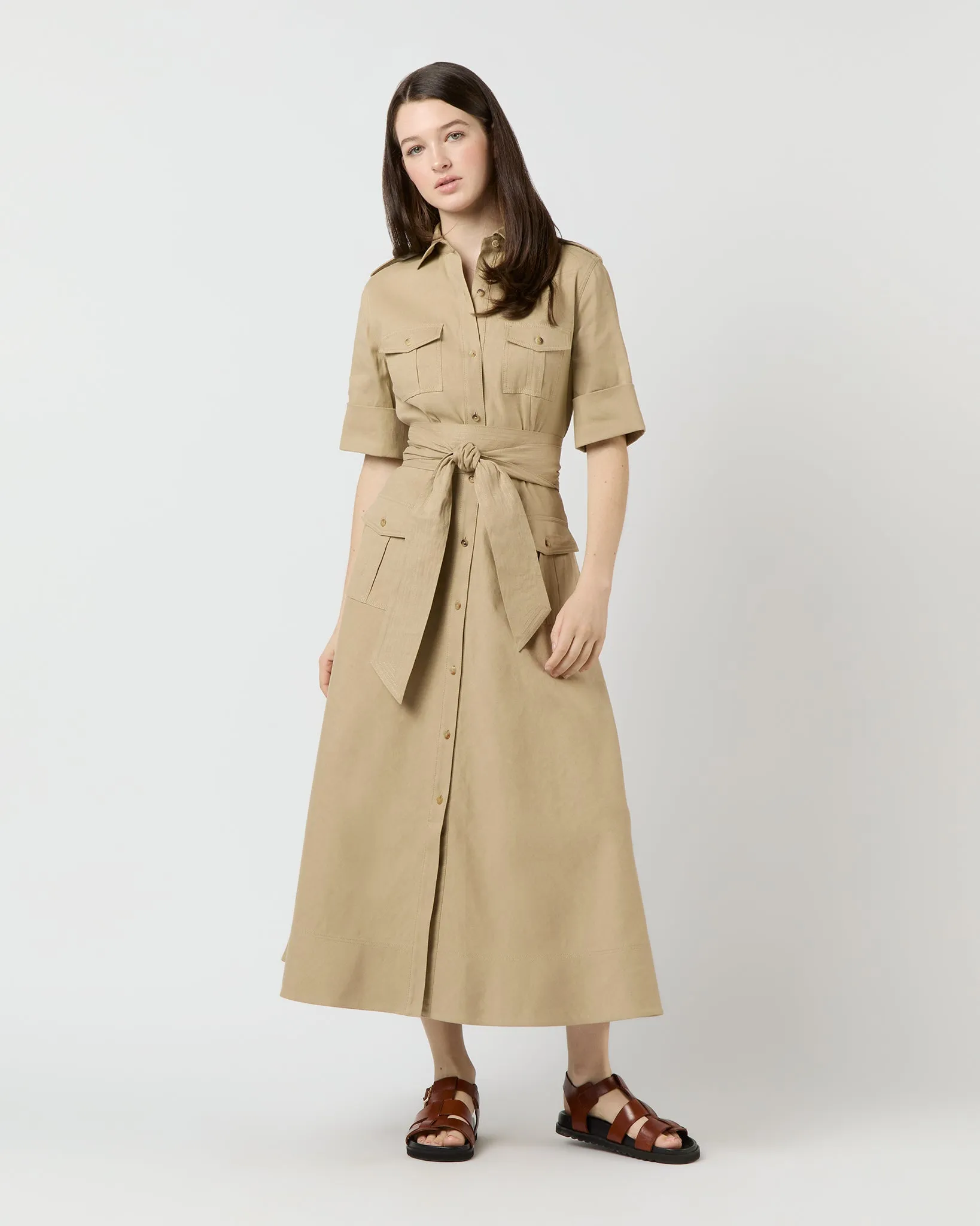 Safari Shirtwaist Dress in Khaki Stretch Cotolino