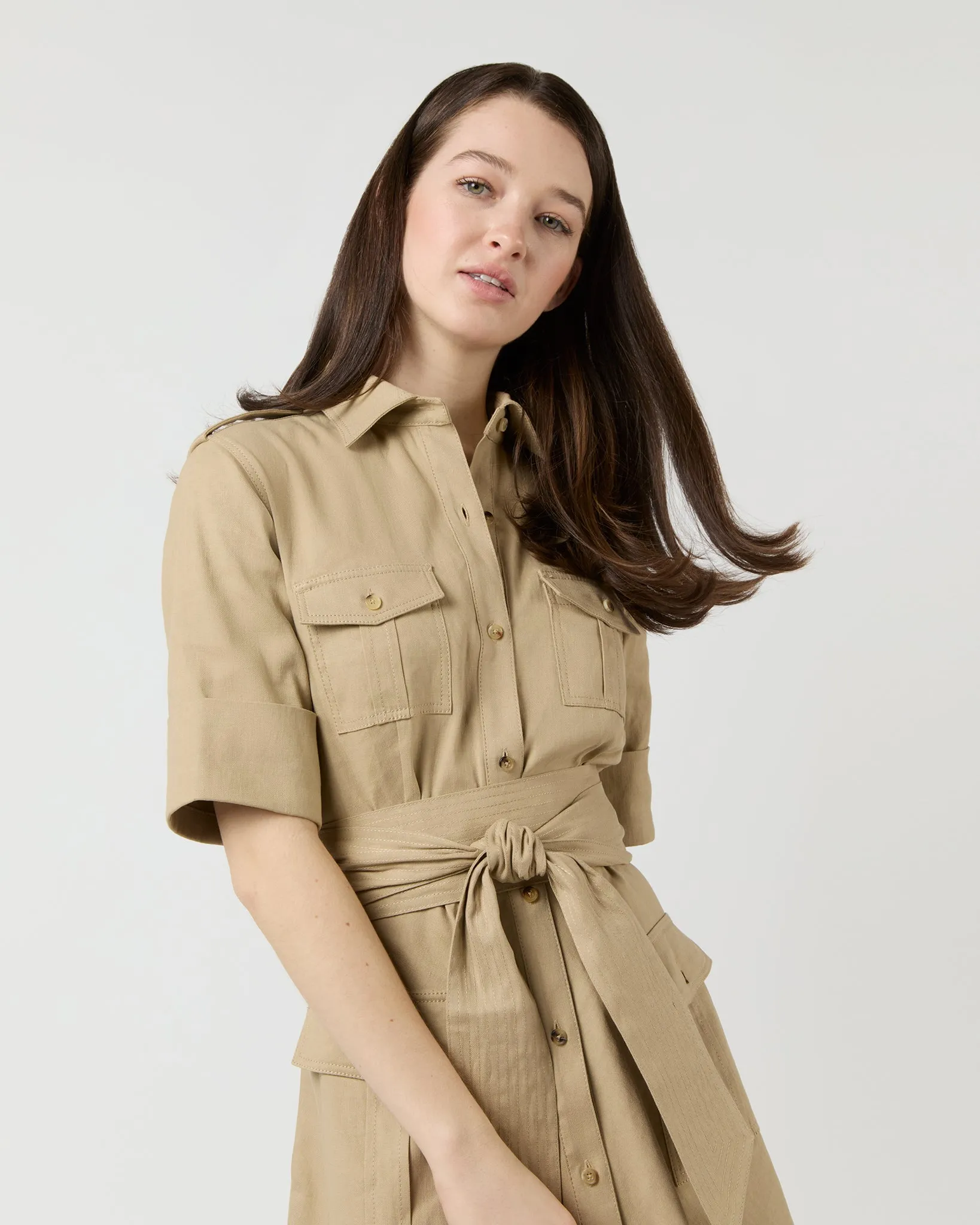 Safari Shirtwaist Dress in Khaki Stretch Cotolino