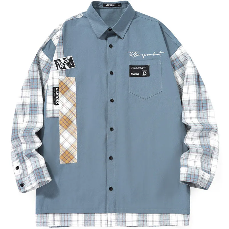 Safari Style Color Block Patchwork Plaid Shirt