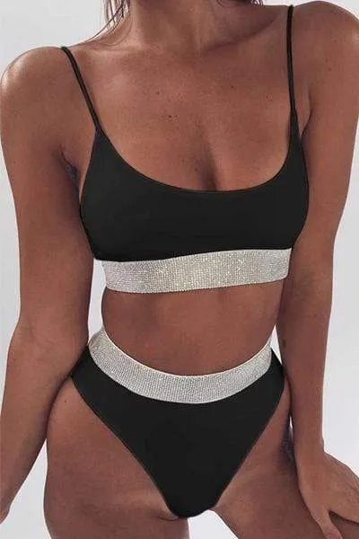 Sequined Solid Color Split Swimsuit
