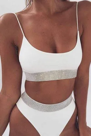 Sequined Solid Color Split Swimsuit