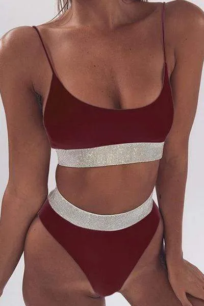 Sequined Solid Color Split Swimsuit