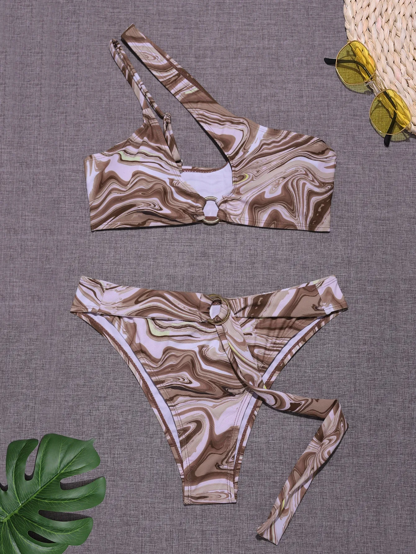 Sexy All Over Print Cut Out One Shoulder Women Bikini Sets