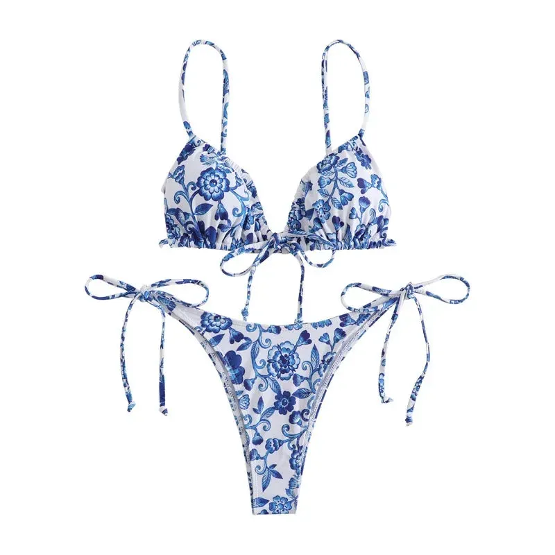 sexy floral print micro bikini blue and white porcelain bikini swimwear swimsuit women biquini thong bikini set bathing suits