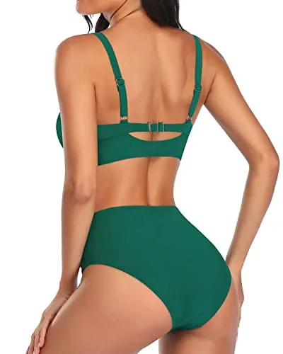 Sexy Two Piece Swimsuit Tummy Control Ruched Bikini-Emerald Green