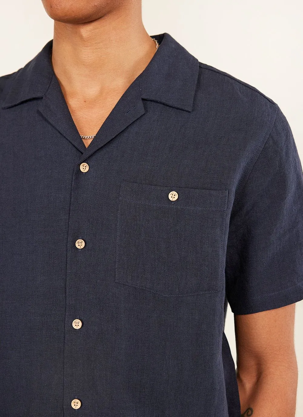 Short Sleeve Cuban Shirt | Linen | Navy
