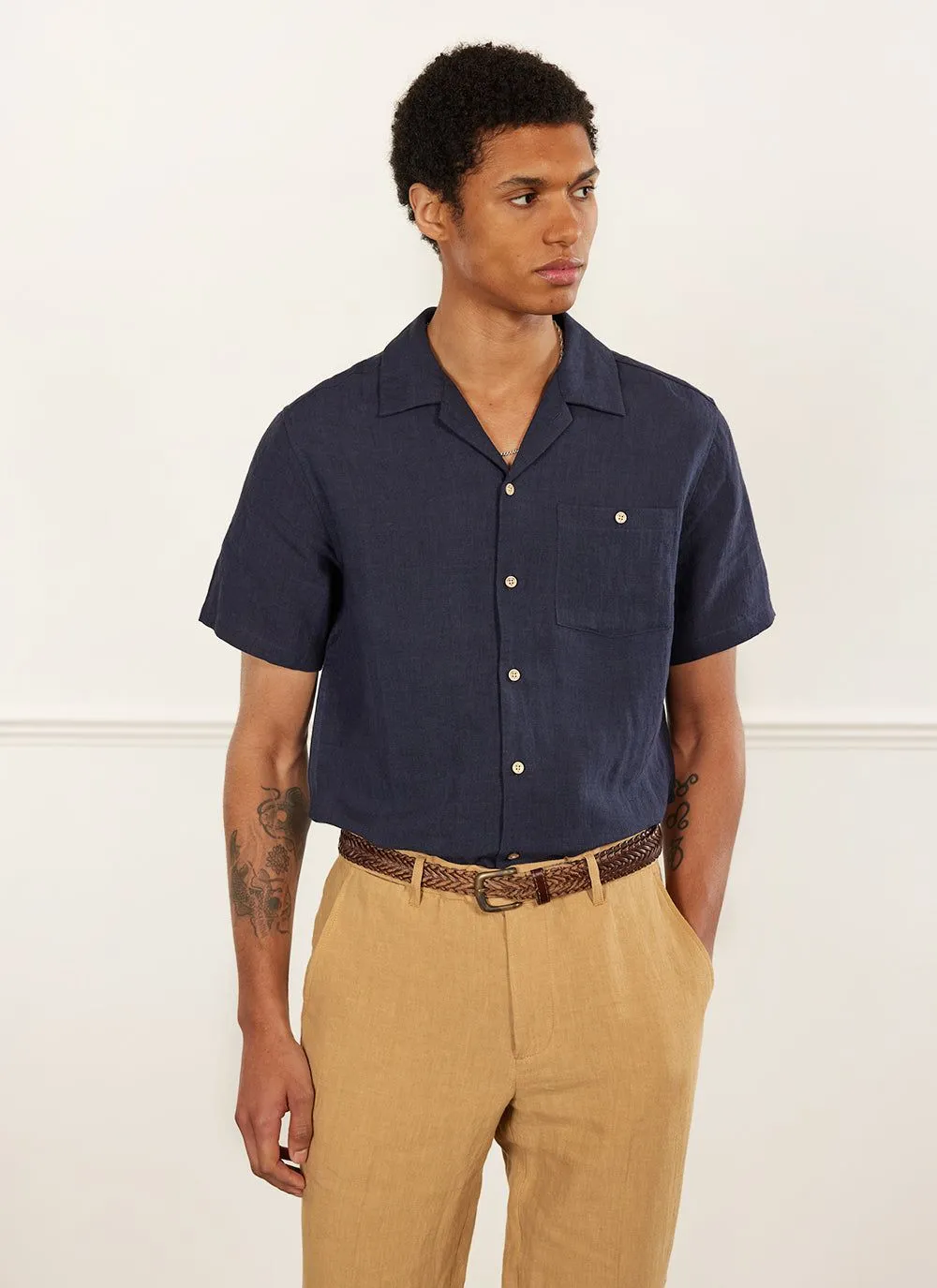 Short Sleeve Cuban Shirt | Linen | Navy