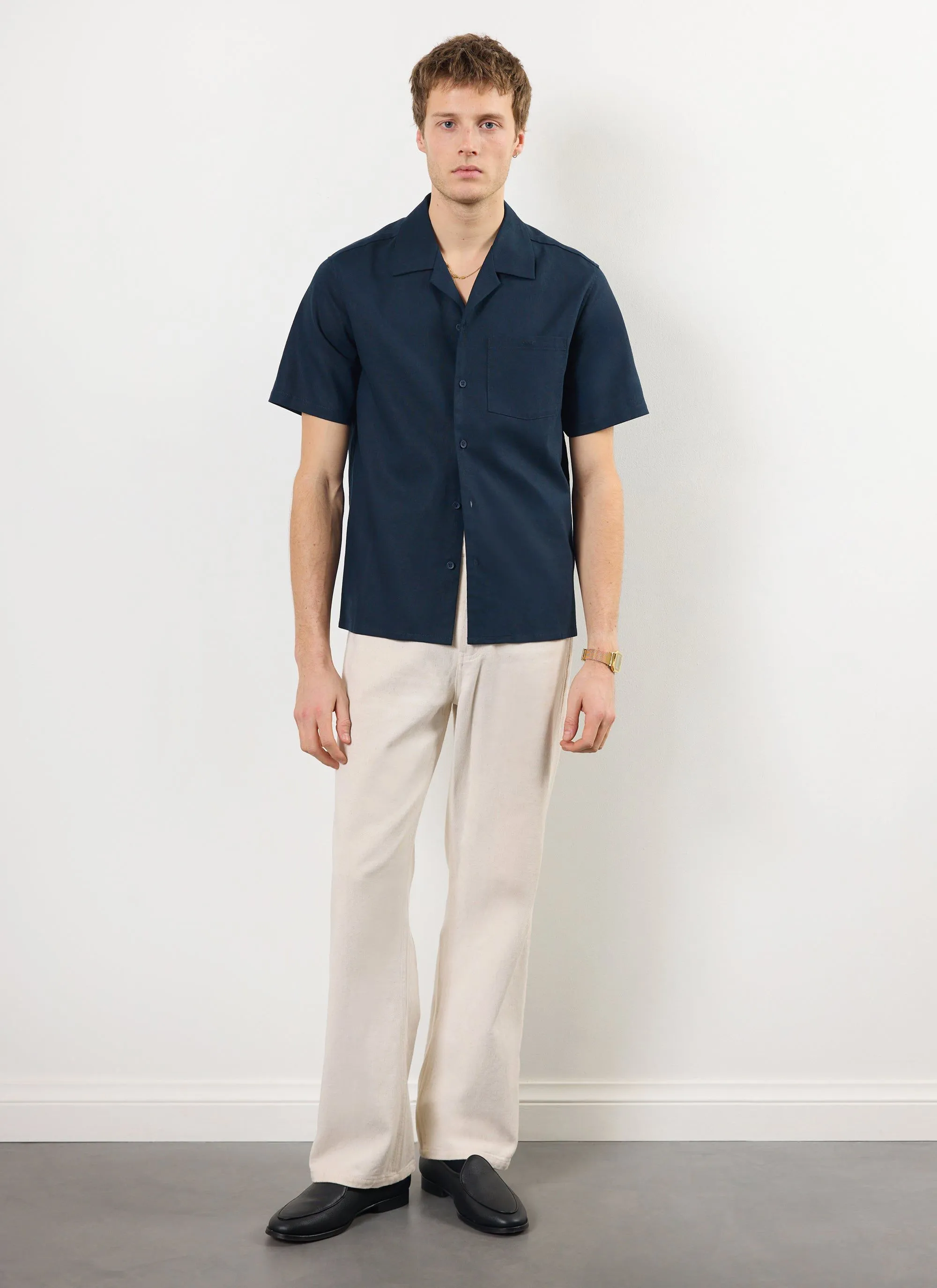 Short Sleeve Cuban Shirt | Linen | Navy