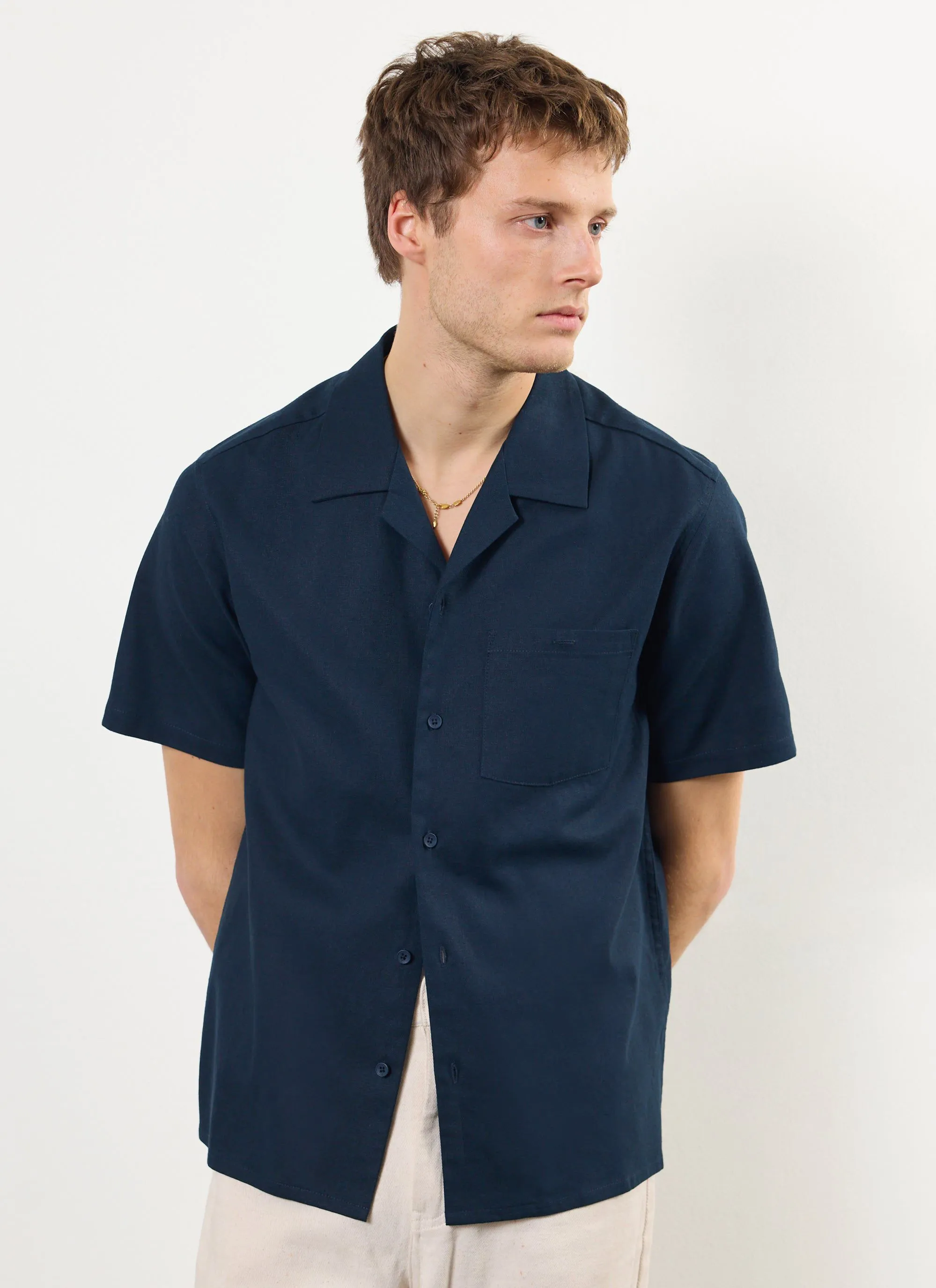 Short Sleeve Cuban Shirt | Linen | Navy