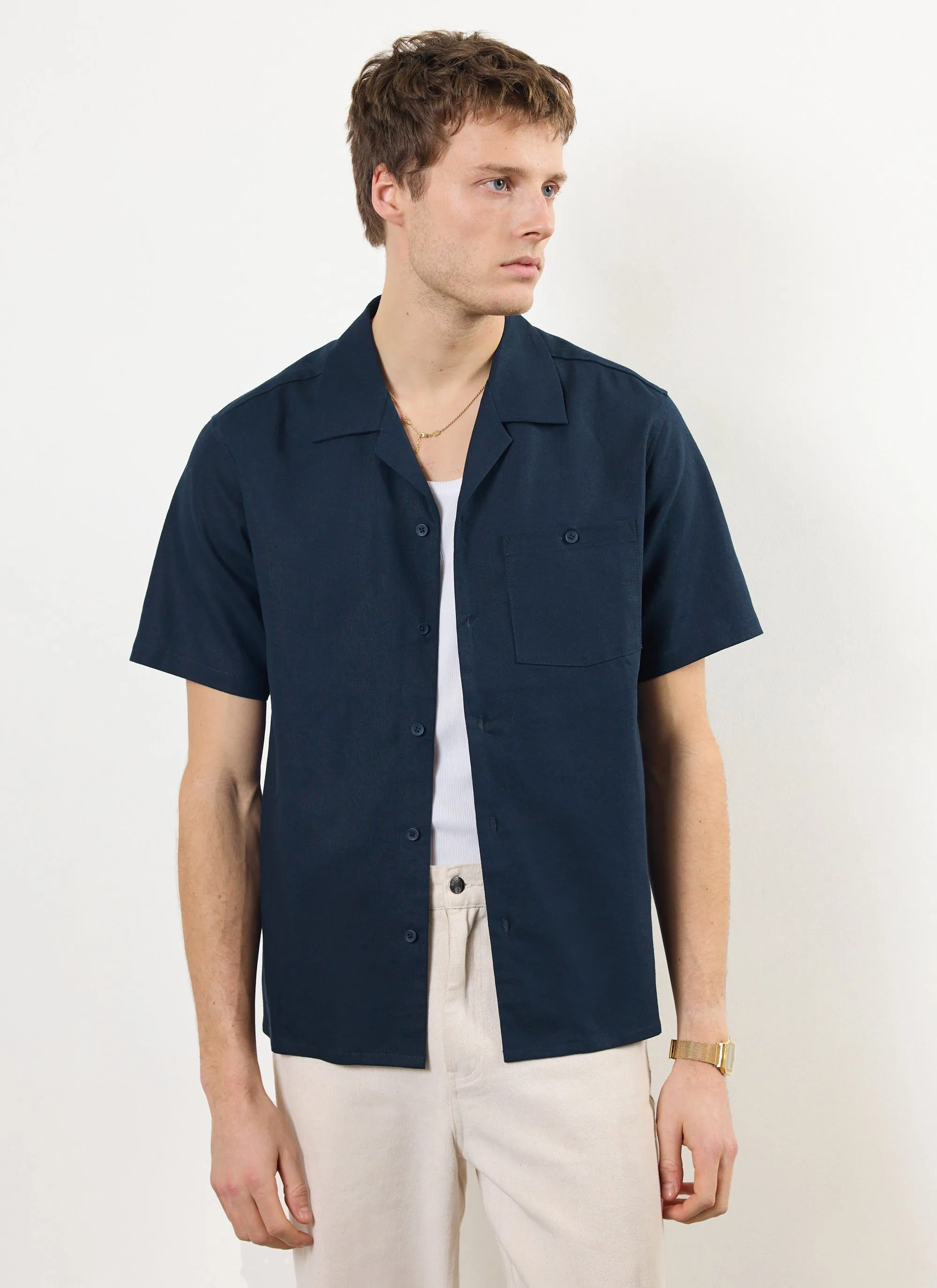 Short Sleeve Cuban Shirt | Linen | Navy