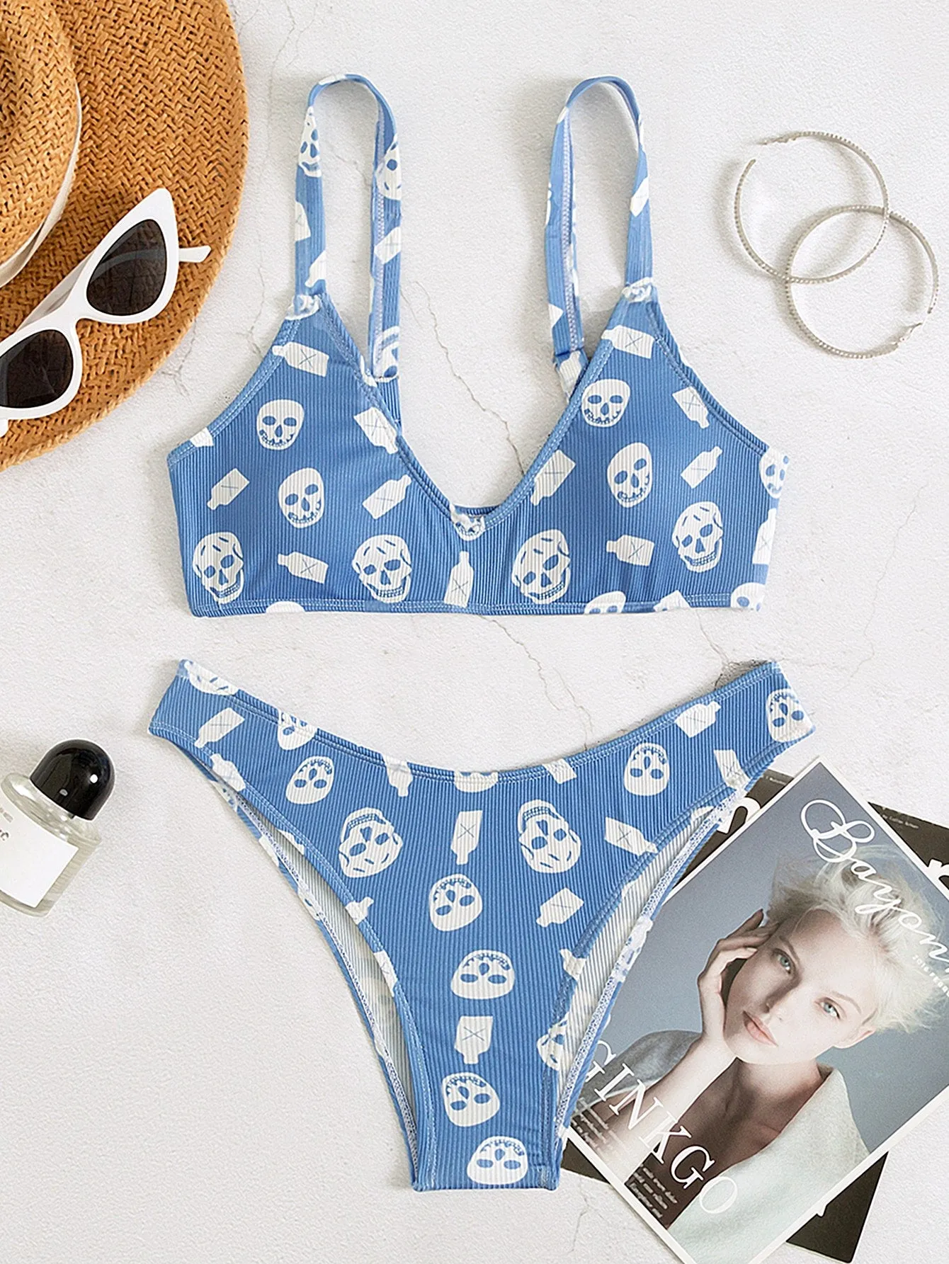 Skull Print Rib Bikini Swimsuit