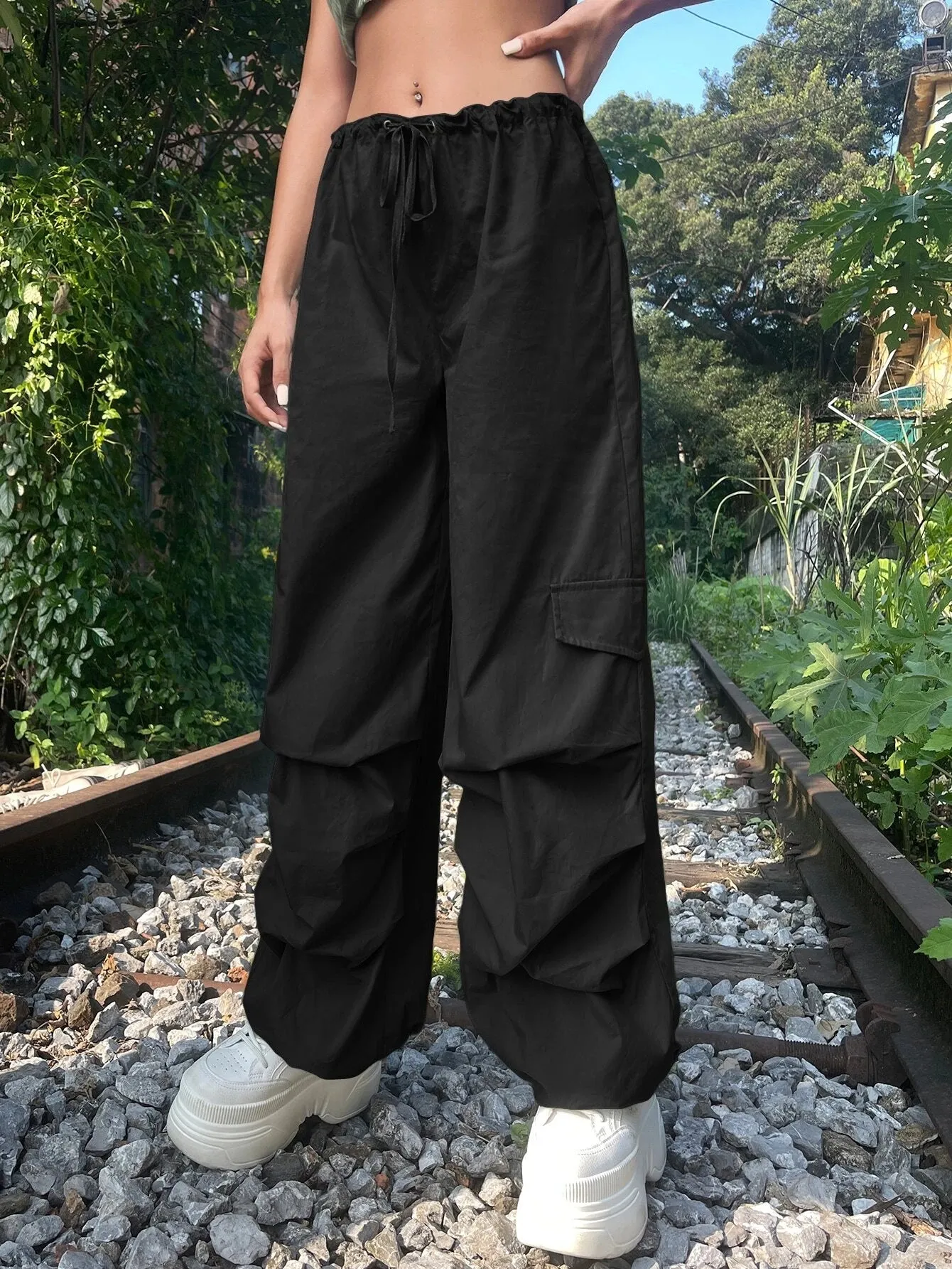 Solid Colored Drawstring Cargo Parachute Pant