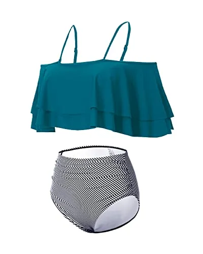 Stunning High Waisted Ruffle Bikini Set Tummy Control-Green Striped