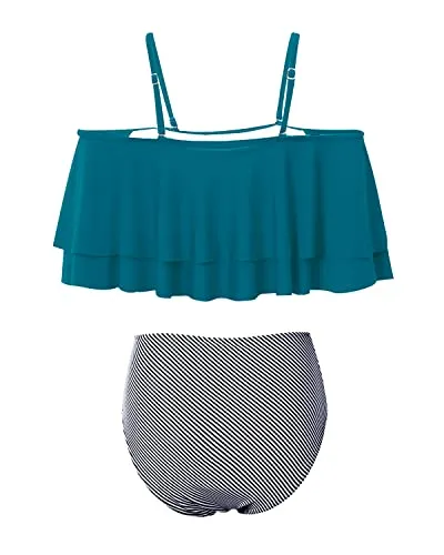 Stunning High Waisted Ruffle Bikini Set Tummy Control-Green Striped