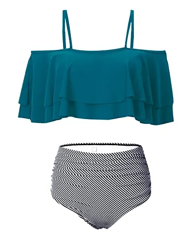 Stunning High Waisted Ruffle Bikini Set Tummy Control-Green Striped