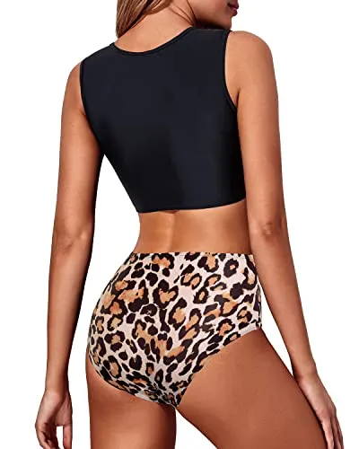 Stylish High Waisted Lace Women's 2 Piece Bathing Suit Tummy Control Bottoms-Black And Leopard