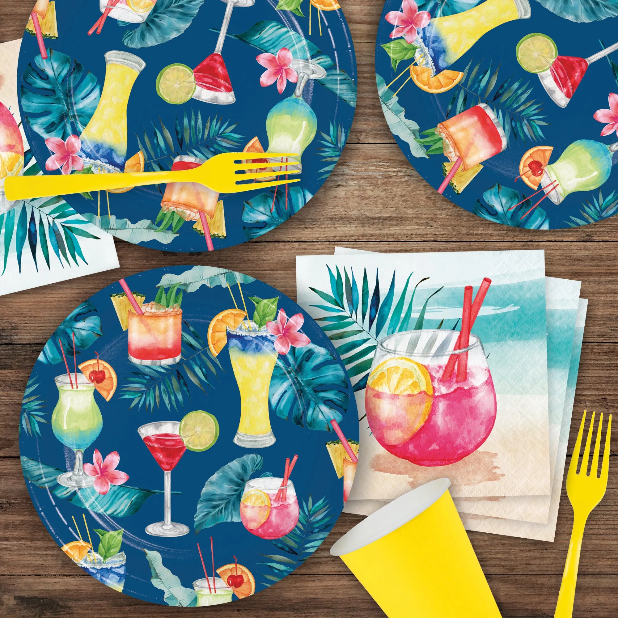 Summer Breeze Cocktail Party Palm Paper Dessert Plates, Beverage Napkins, and Forks (16 Plates, Napkins, & Forks)
