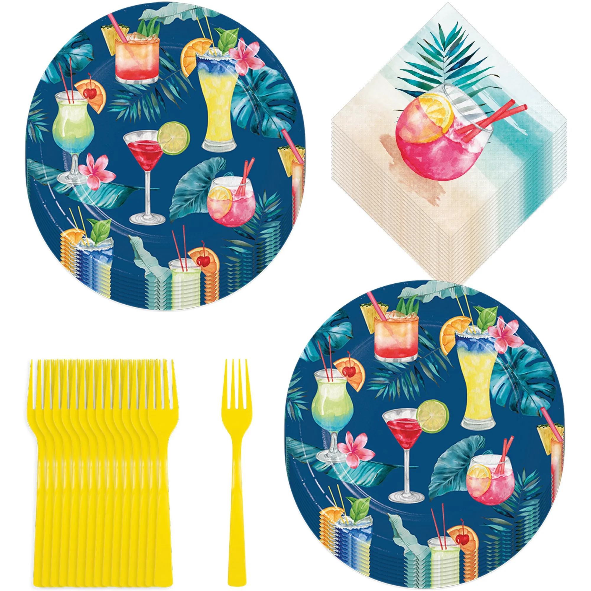 Summer Breeze Cocktail Party Palm Paper Dessert Plates, Beverage Napkins, and Forks (16 Plates, Napkins, & Forks)