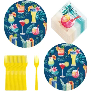 Summer Breeze Cocktail Party Palm Paper Dessert Plates, Beverage Napkins, and Forks (16 Plates, Napkins, & Forks)