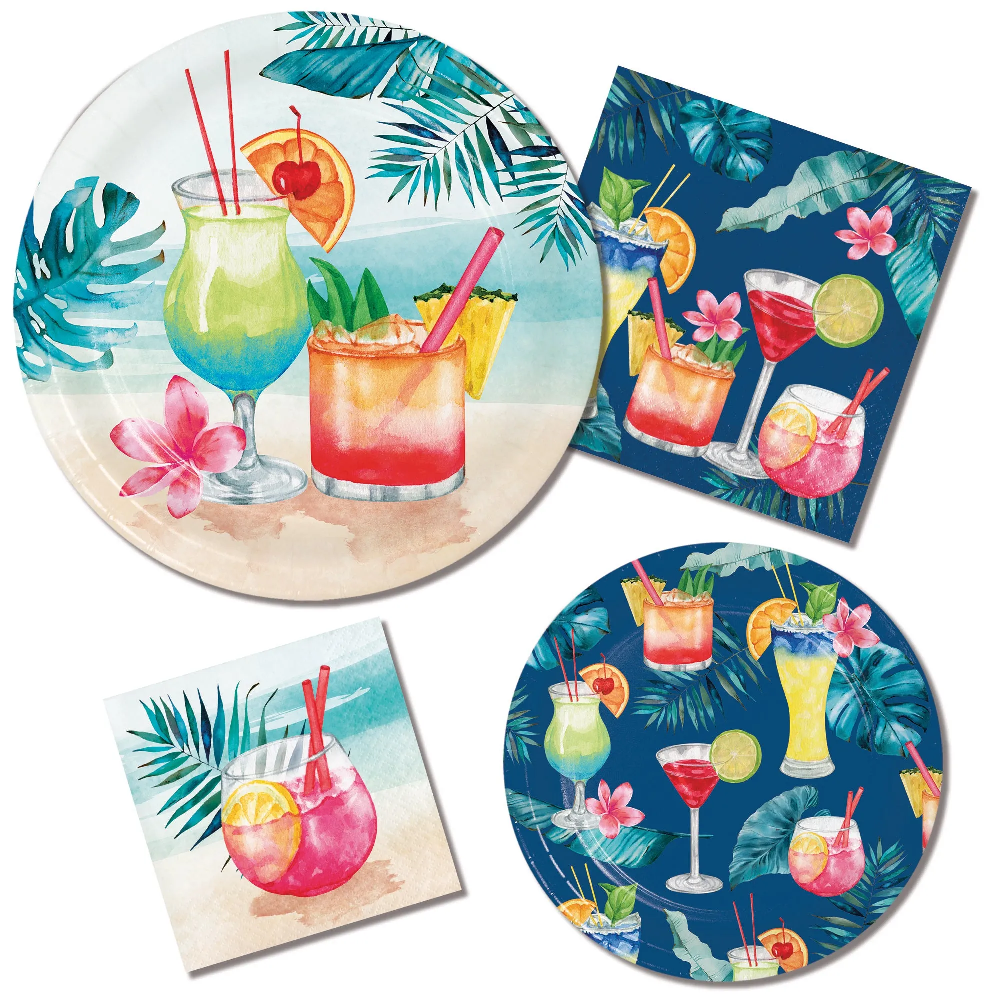 Summer Breeze Cocktail Party Palm Paper Dinner Plates, Lunch Napkins, and Forks (16 Plates, Napkins, & Forks)