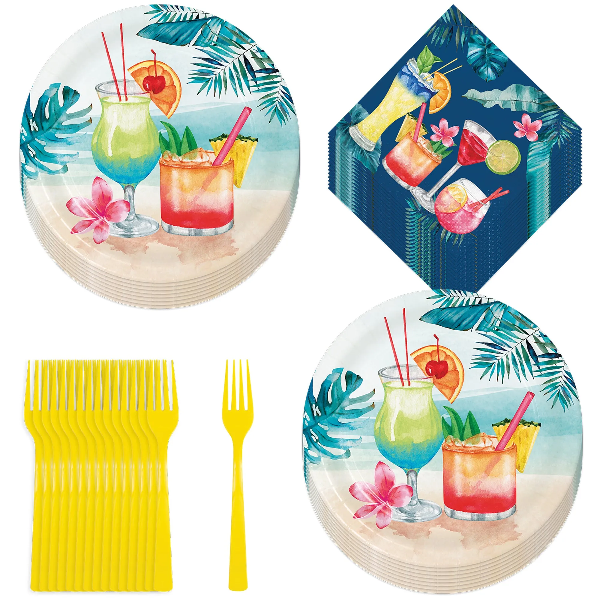 Summer Breeze Cocktail Party Palm Paper Dinner Plates, Lunch Napkins, and Forks (16 Plates, Napkins, & Forks)