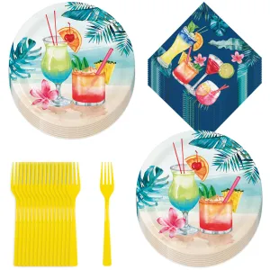 Summer Breeze Cocktail Party Palm Paper Dinner Plates, Lunch Napkins, and Forks (16 Plates, Napkins, & Forks)