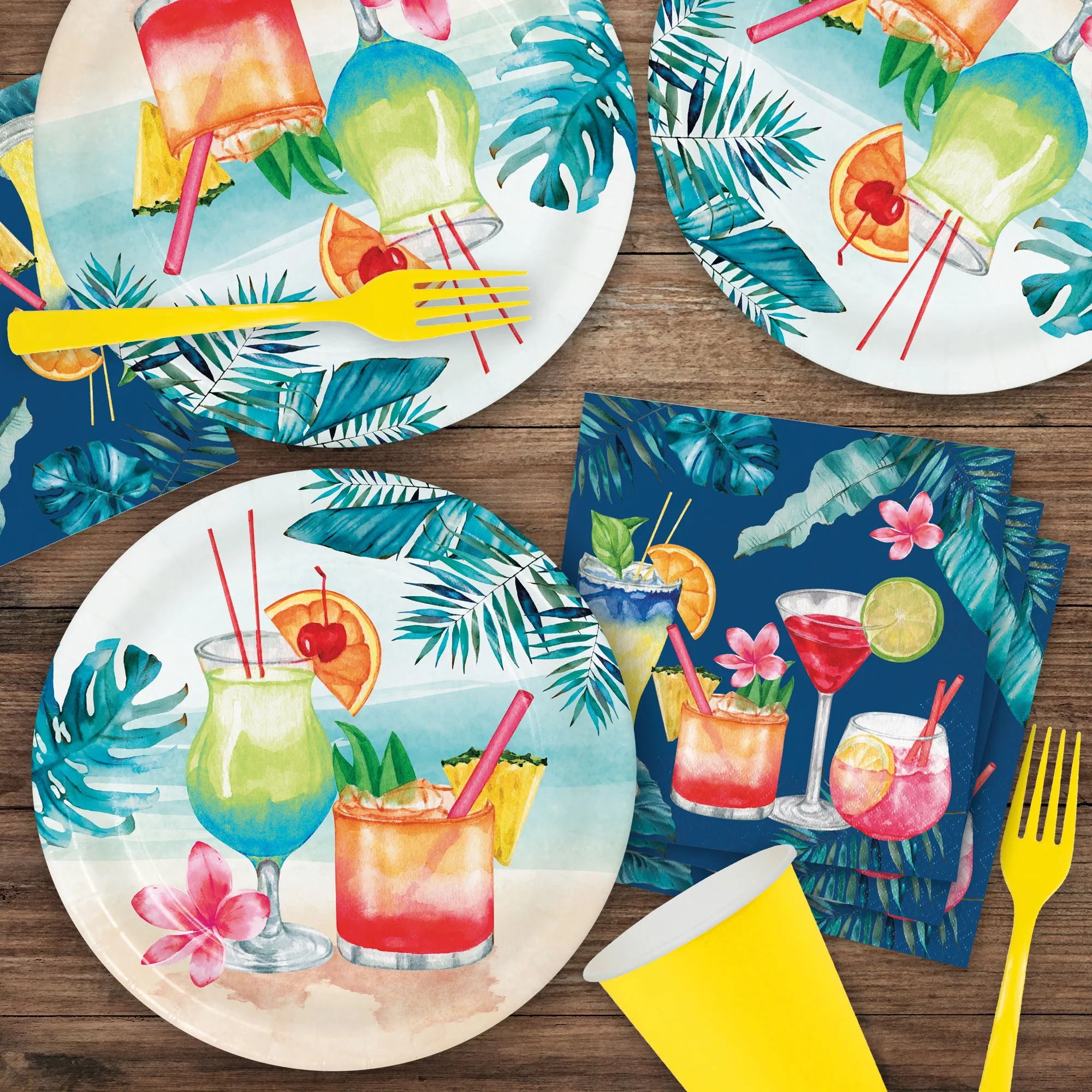 Summer Breeze Cocktail Party Palm Paper Dinner Plates, Lunch Napkins, and Forks (16 Plates, Napkins, & Forks)