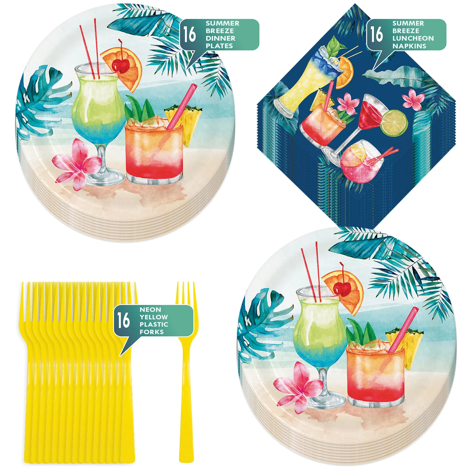 Summer Breeze Cocktail Party Palm Paper Dinner Plates, Lunch Napkins, and Forks (16 Plates, Napkins, & Forks)