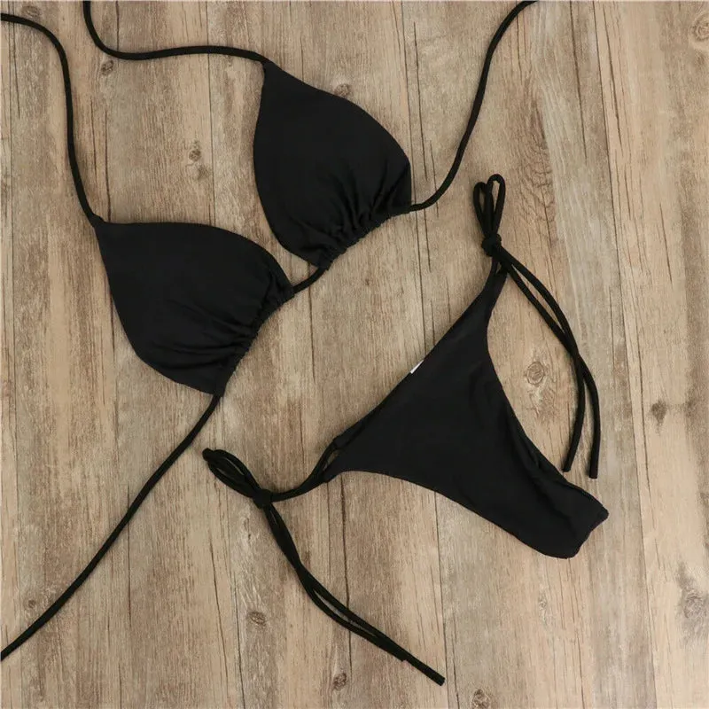Summer Solid Bikini Sets Tie Side G-String Thong Swimsuit Brazilian Swimwear