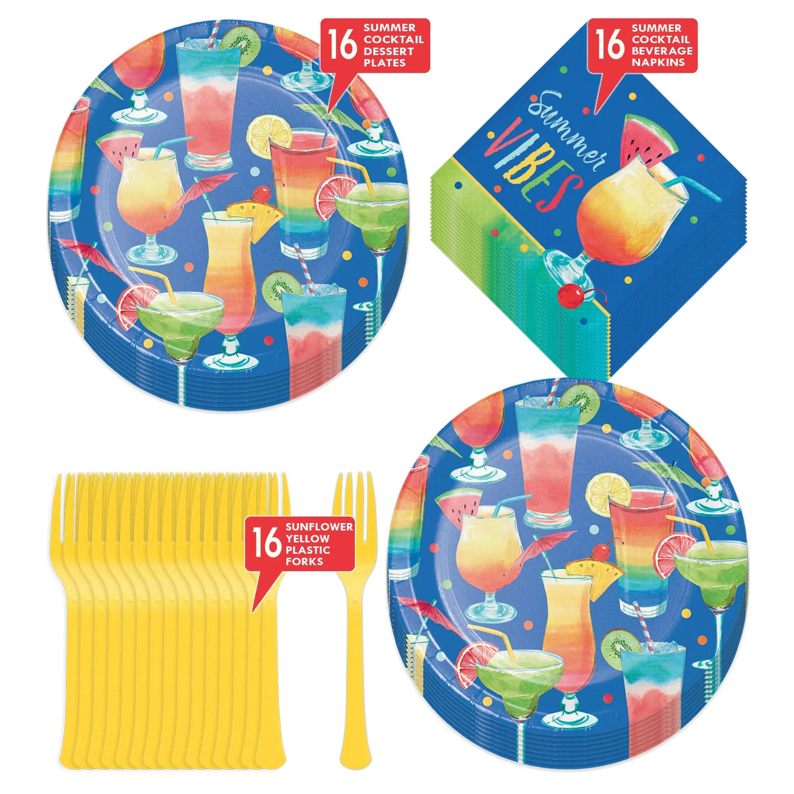 Summer Vibes Blue Cocktail Party Paper Dessert Plates, Beverage Napkins, and Forks (Serves 16)
