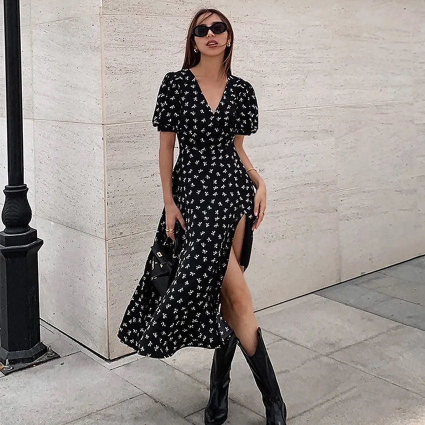 Temperament Floral Short-Sleeved Slit V-Neck A-Line Dress Wholesale Dresses