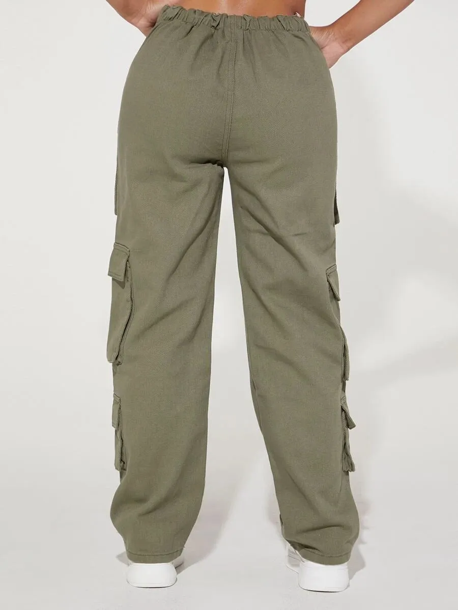 V-Cut Waist Flap Pocket Cargo Jeans