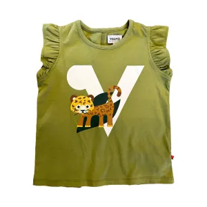 Vauva SS23 Safari - Girls Tiger Print Ruffle Cotton Short Sleeves Top (Olive Green)