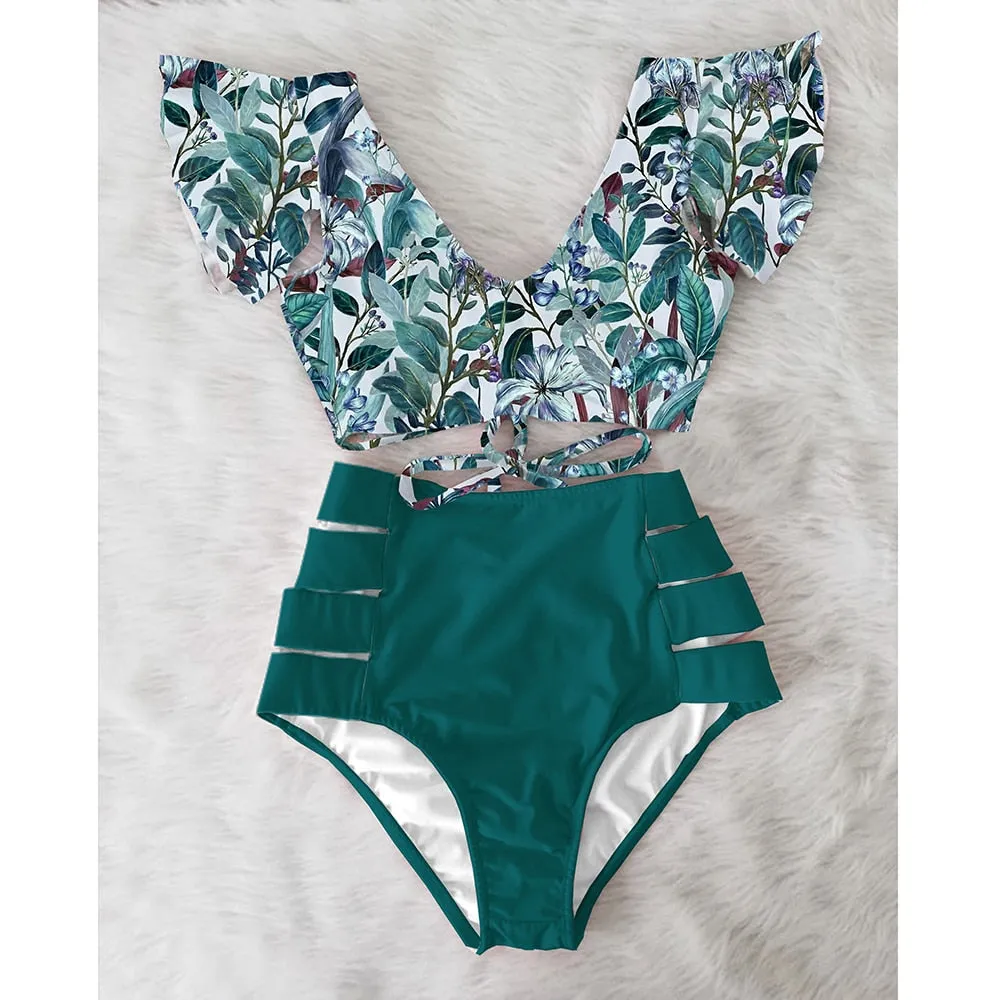 VenusFox High Waist Bikini 2021 Ruffle Swimwear Women Print Sexy Swimsuit Push Up Bikinis Plus Size Bathing Suits Floral Beach Wear