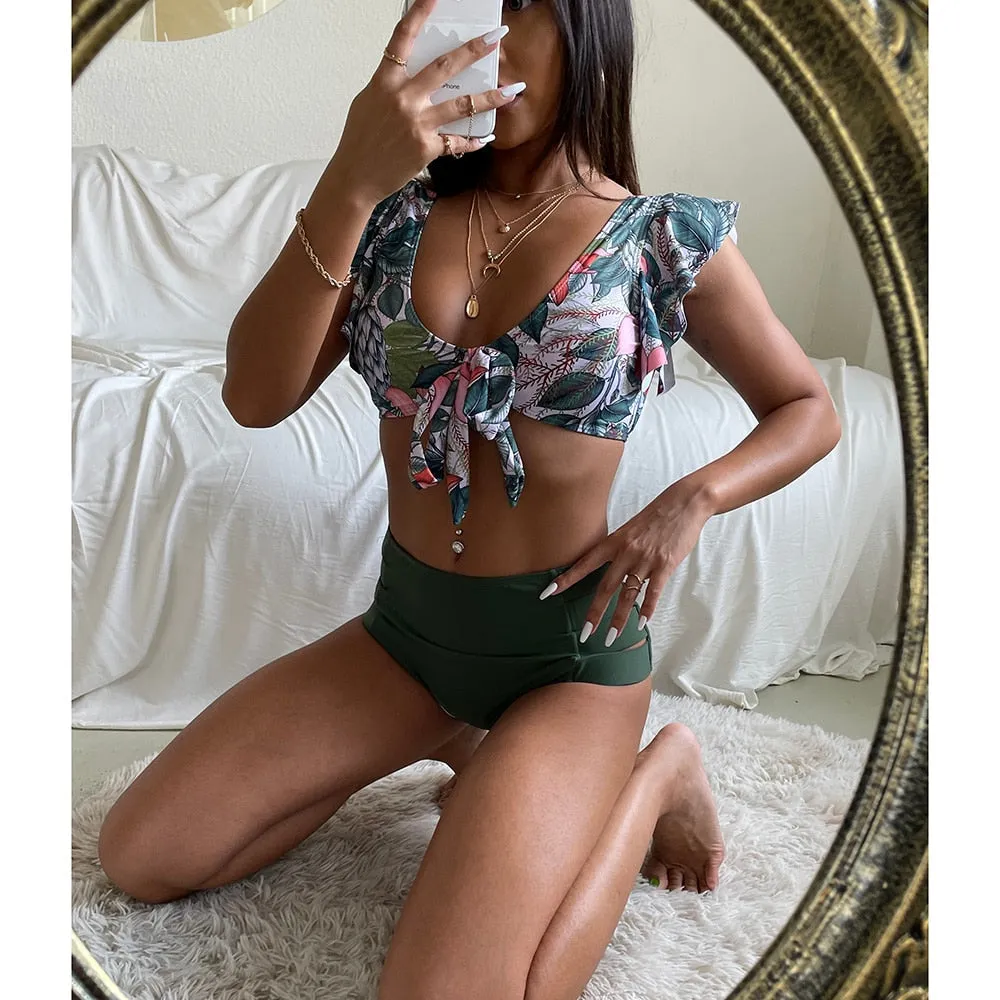 VenusFox High Waist Bikini 2021 Ruffle Swimwear Women Print Sexy Swimsuit Push Up Bikinis Plus Size Bathing Suits Floral Beach Wear