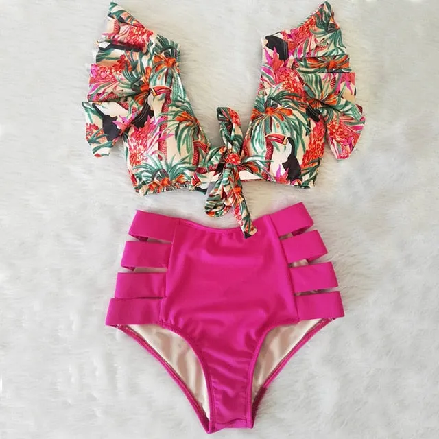 VenusFox High Waist Bikini 2021 Ruffle Swimwear Women Print Sexy Swimsuit Push Up Bikinis Plus Size Bathing Suits Floral Beach Wear