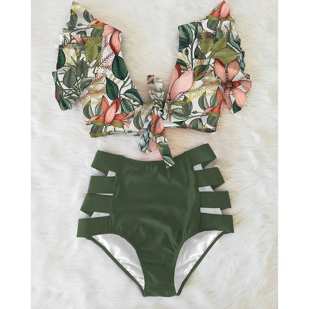 VenusFox High Waist Bikini 2021 Ruffle Swimwear Women Print Sexy Swimsuit Push Up Bikinis Plus Size Bathing Suits Floral Beach Wear