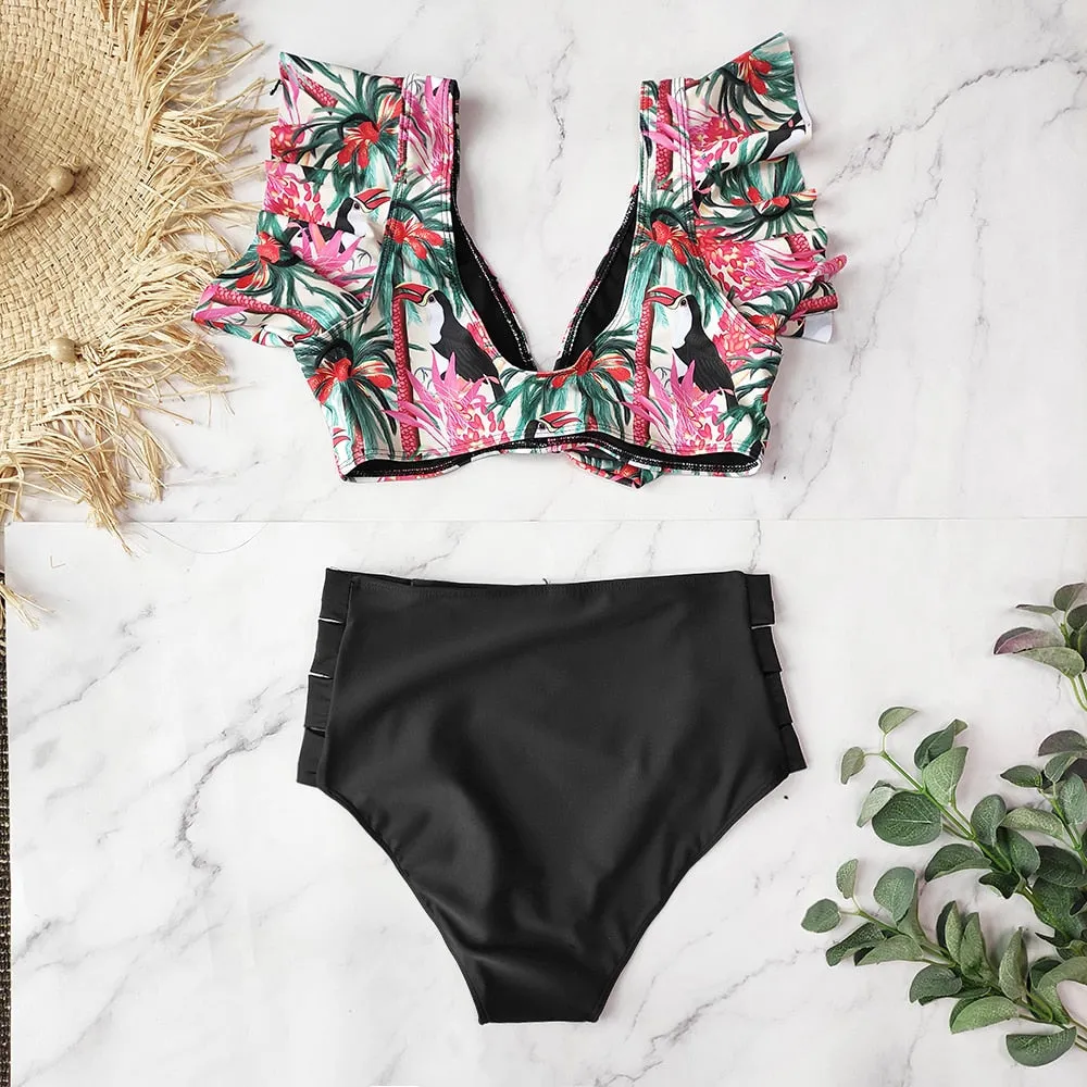 VenusFox High Waist Bikini 2021 Ruffle Swimwear Women Print Sexy Swimsuit Push Up Bikinis Plus Size Bathing Suits Floral Beach Wear