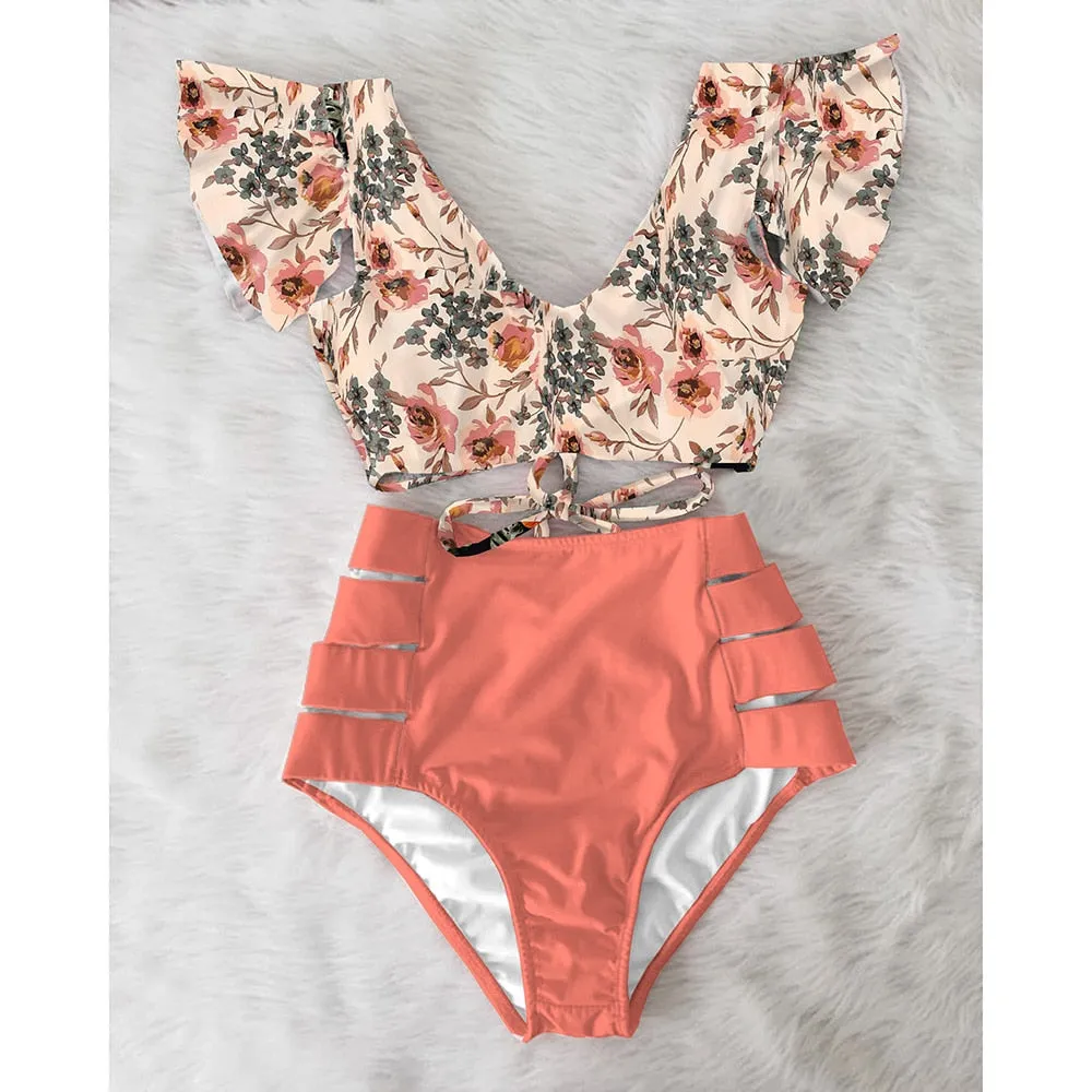 VenusFox High Waist Bikini 2021 Ruffle Swimwear Women Print Sexy Swimsuit Push Up Bikinis Plus Size Bathing Suits Floral Beach Wear