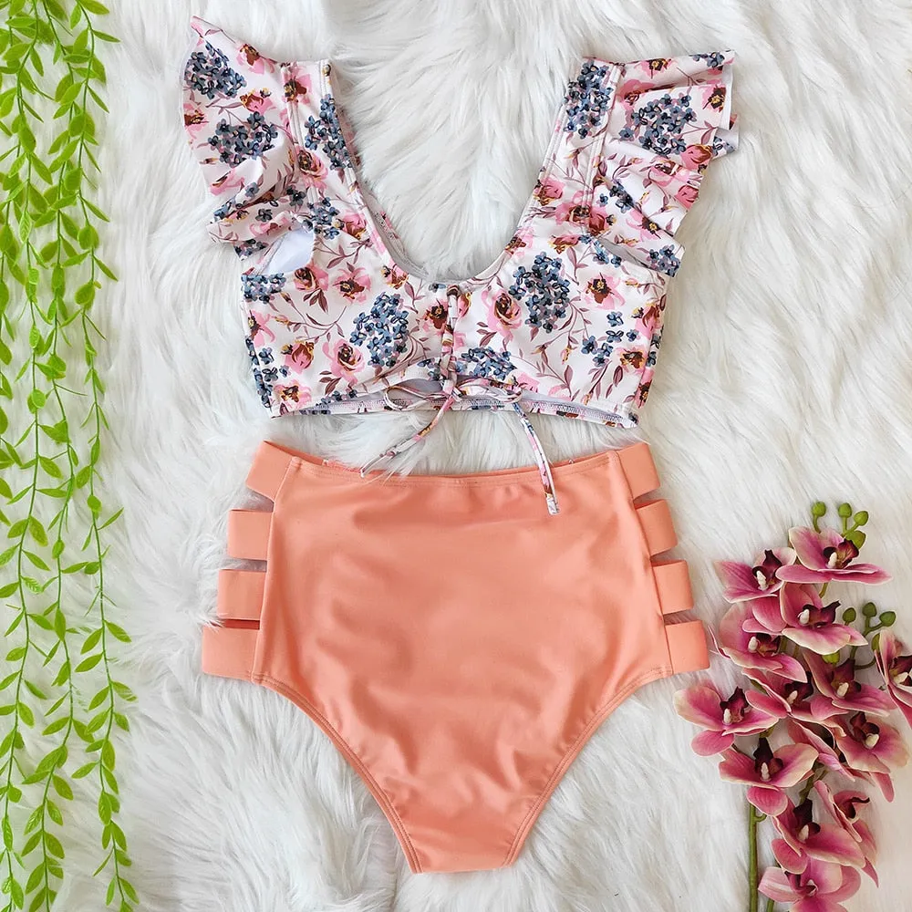VenusFox High Waist Bikini 2021 Ruffle Swimwear Women Print Sexy Swimsuit Push Up Bikinis Plus Size Bathing Suits Floral Beach Wear