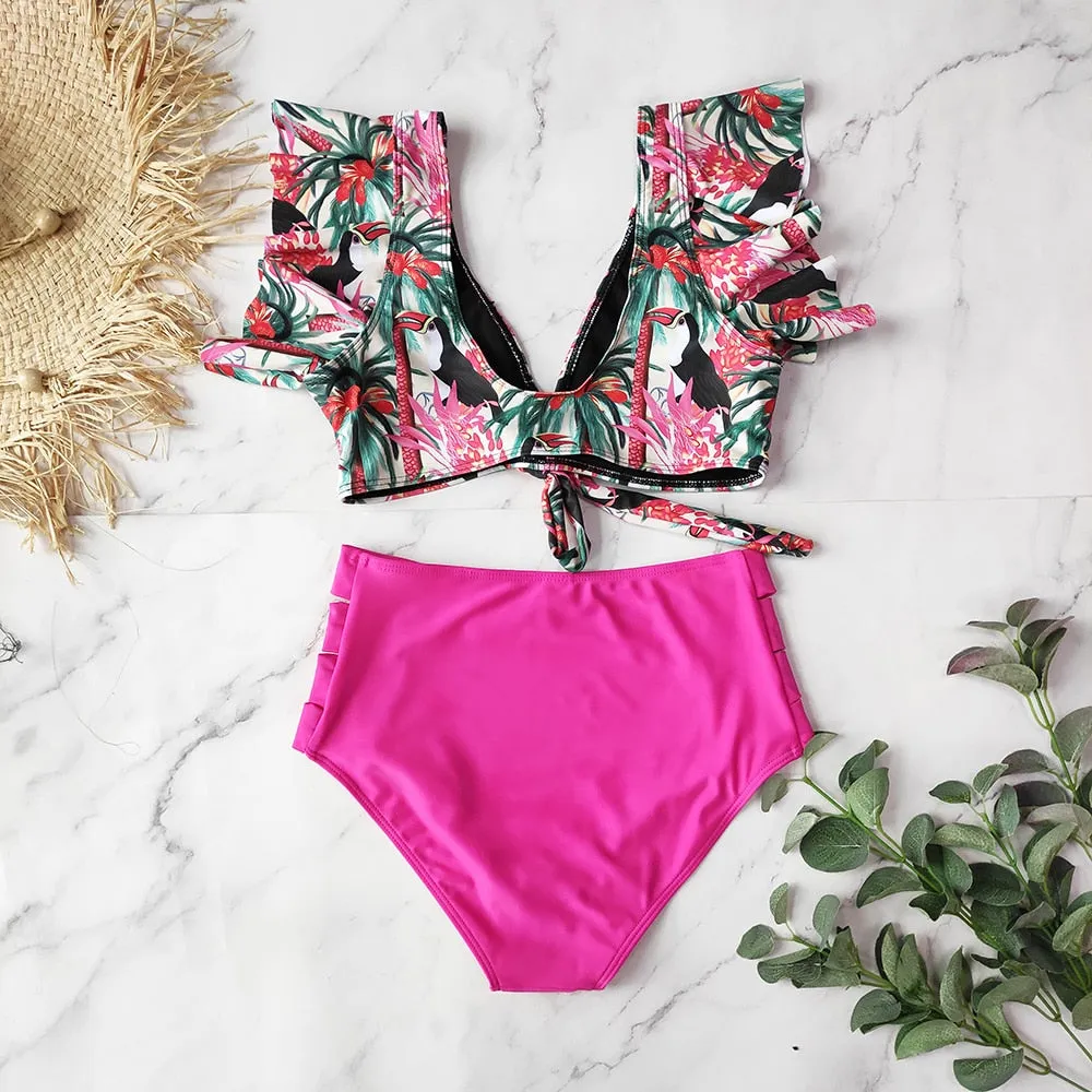 VenusFox High Waist Bikini 2021 Ruffle Swimwear Women Print Sexy Swimsuit Push Up Bikinis Plus Size Bathing Suits Floral Beach Wear