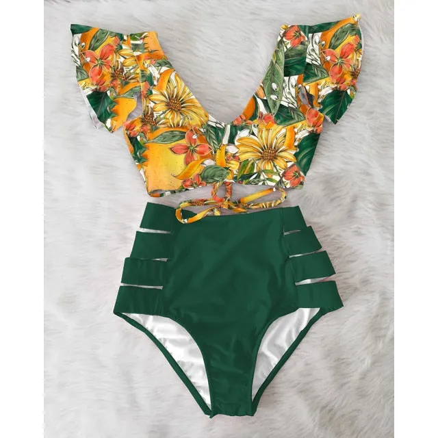 VenusFox High Waist Bikini 2021 Ruffle Swimwear Women Print Sexy Swimsuit Push Up Bikinis Plus Size Bathing Suits Floral Beach Wear