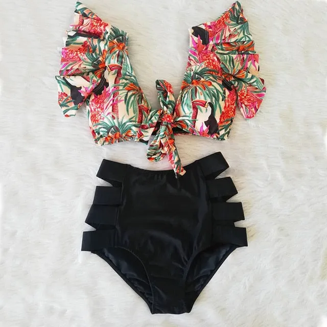 VenusFox High Waist Bikini 2021 Ruffle Swimwear Women Print Sexy Swimsuit Push Up Bikinis Plus Size Bathing Suits Floral Beach Wear