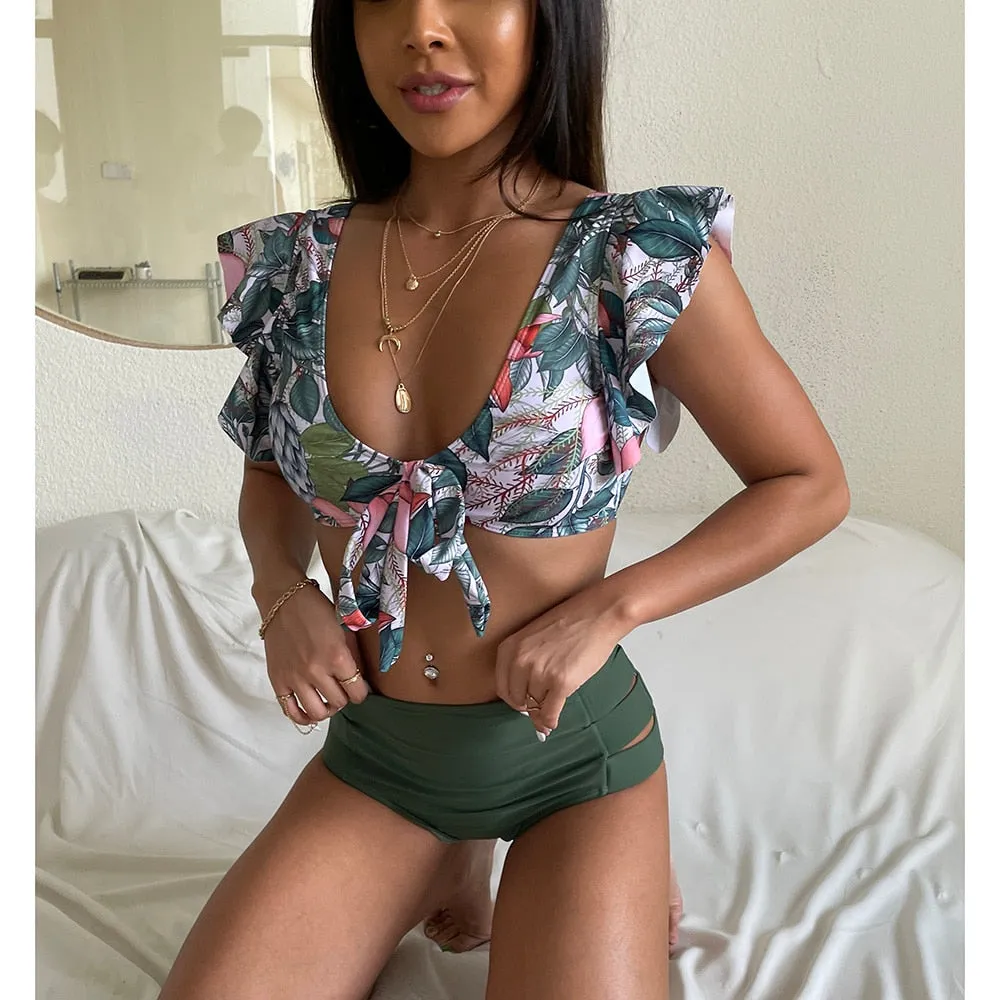 VenusFox High Waist Bikini 2021 Ruffle Swimwear Women Print Sexy Swimsuit Push Up Bikinis Plus Size Bathing Suits Floral Beach Wear