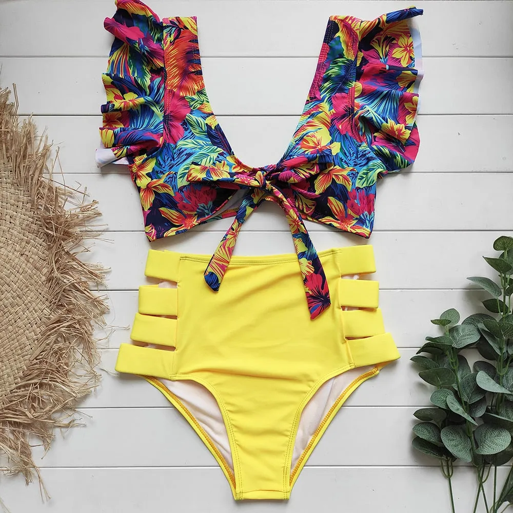 VenusFox High Waist Bikini 2021 Ruffle Swimwear Women Print Sexy Swimsuit Push Up Bikinis Plus Size Bathing Suits Floral Beach Wear
