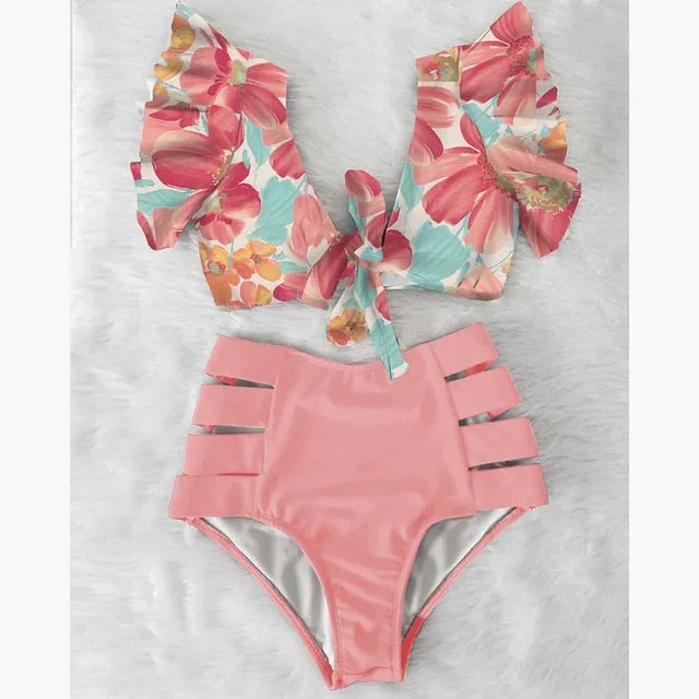 VenusFox High Waist Bikini 2021 Ruffle Swimwear Women Print Sexy Swimsuit Push Up Bikinis Plus Size Bathing Suits Floral Beach Wear